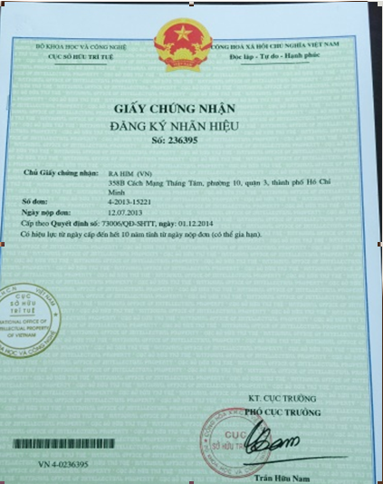 Cục SHTT đã chính thức cấp Giấy chứng nhận đăng ký nhãn hiệu số 236395 cho cá nhân ông Ra Him có địa chỉ tại 358B Cách mạng tháng tám, phường 10, quận 3, thành phố Hồ Chí Minh.